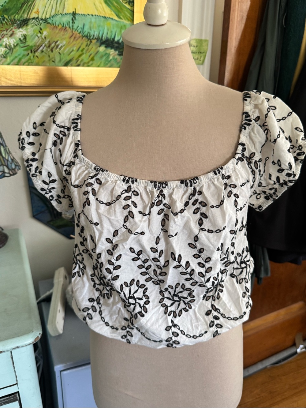 American Eagle White Embroidered Puff Sleeve Crop Top S Cotton VGUC